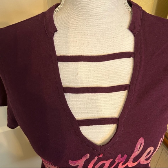 Harley-Davidson Women's Plum V‑Neck Tee with Pink Logo - Picture 3 of 10